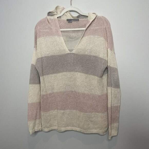 360 Sweater Linen Lightweight Pink Cream Gray Striped Hoodie Size Small - Picture 1 of 8